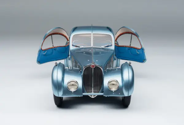M5260 374 40 Bugatti 57SC Rothschild Blue 1.8 Scale Front Higher Doors Open 4000x2677 crop center scaled