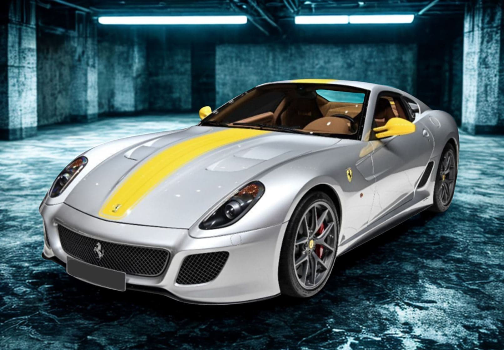 BBR フェラーリ 599 GTO 2010 - ニュルブルクリンクシルバー、イエローストライプ | 1:18