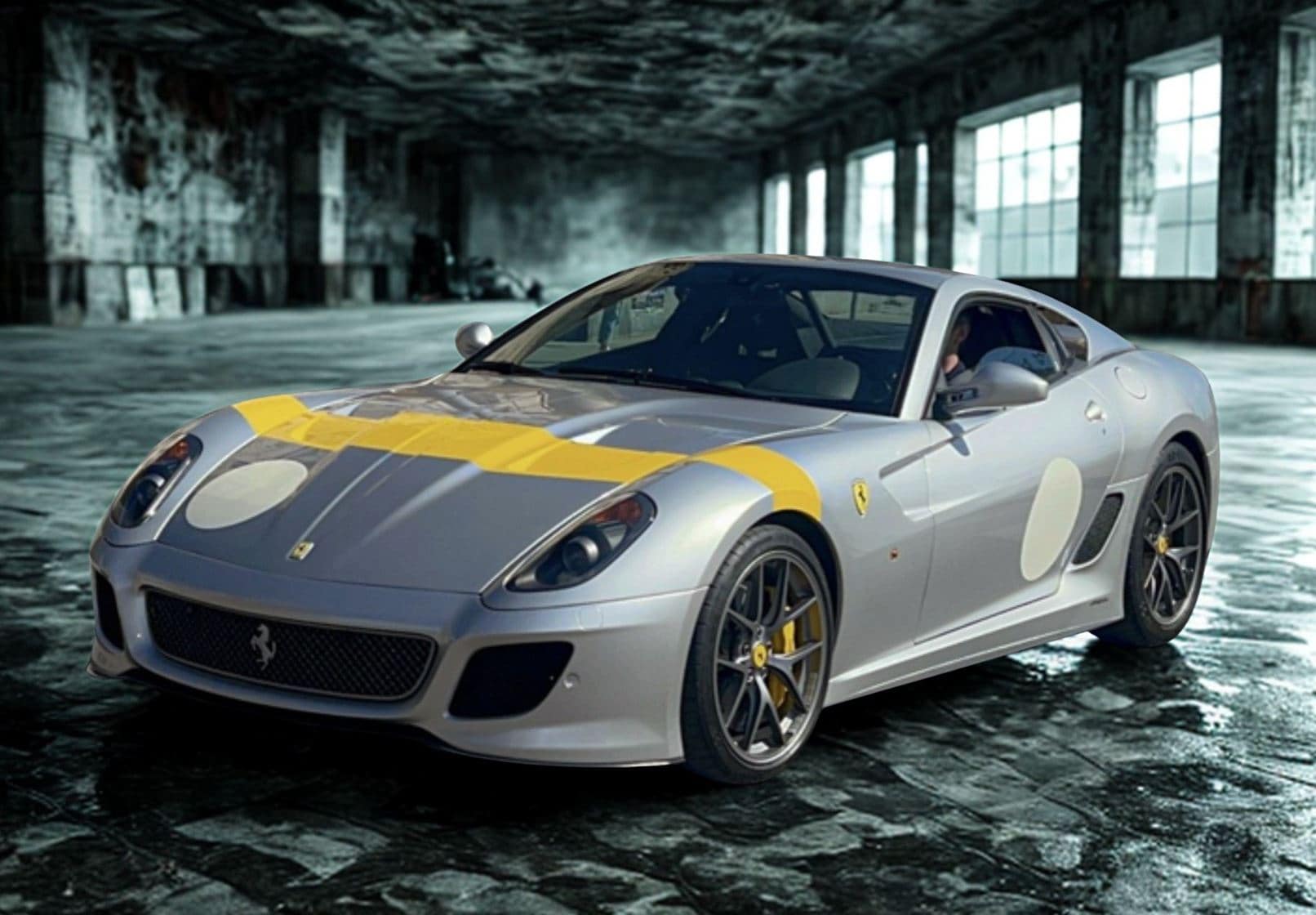 BBR Ferrari 599 GTO 2010 - Nürburgring Silver with Horizontal Yellow Stripe | 1:18 - Image 2