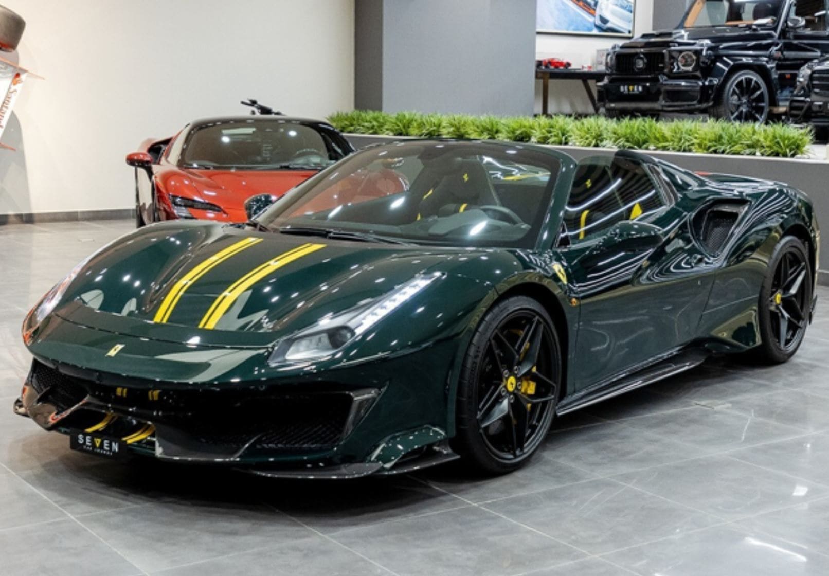 BBR Ferrari 488 Pista Spider - British Racing Green with Twin Yellow Stripes | 1:18