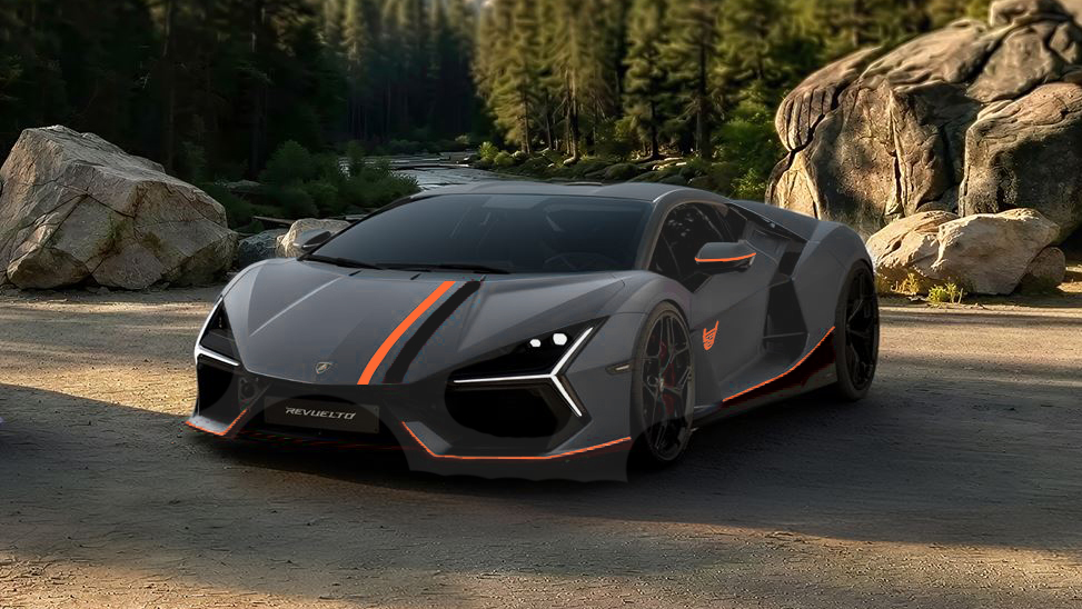 MR Collection Lamborghini Revuelto NA63 - Gris Acheso avec livrée Orange Xanto et Noir Nemesis | 1:18